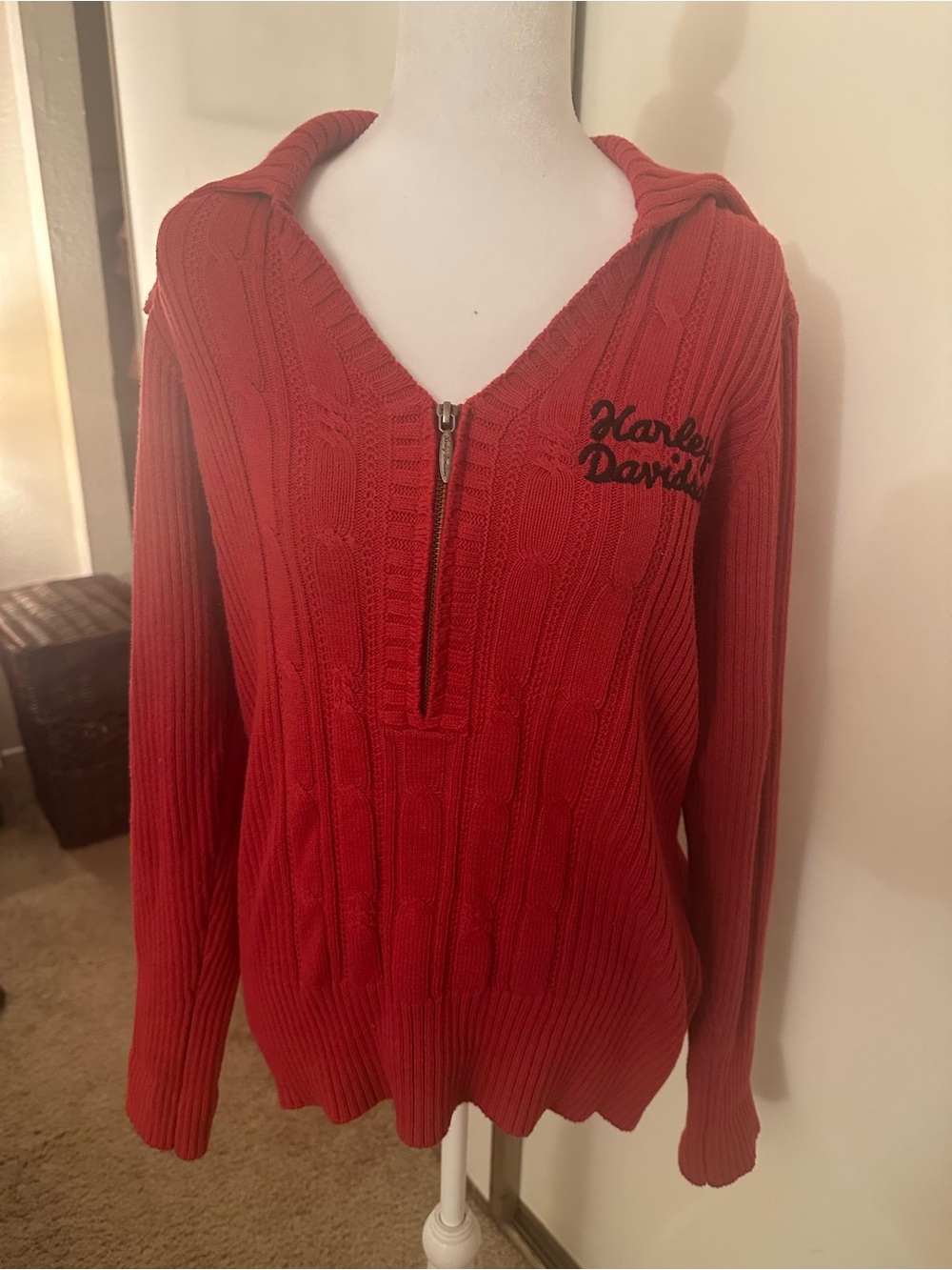 Harley-Davidson Red Cable-Knit V-Neck Half-Zip Sweater